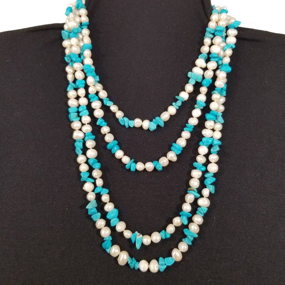 2 Pearl & Turquoise Rope Necklaces of Freshwater Pearls & Turquoise Chips